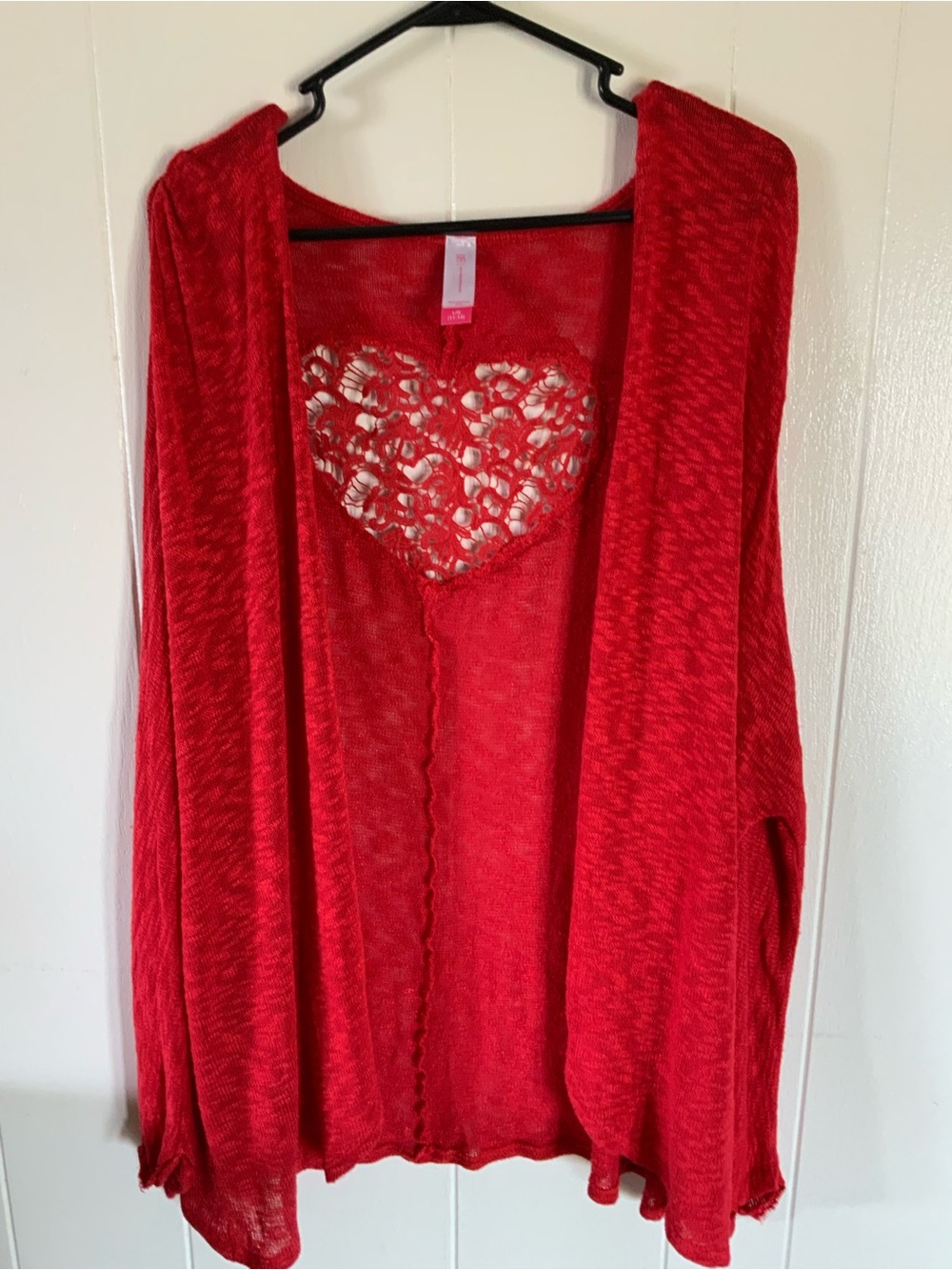 No Boundaries Red Open Cardigan with Heart Lace Back
